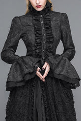 Black Trumpet Sleeves Lace Ruffled Vintage Print Womens Gothic Blouse